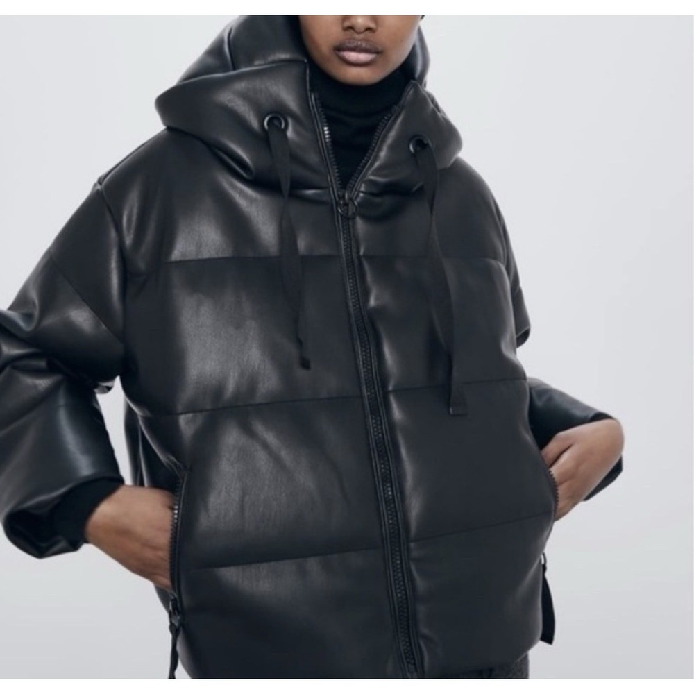 Zara Faux Leather‎ Hooded Puffer Jacket Size XS